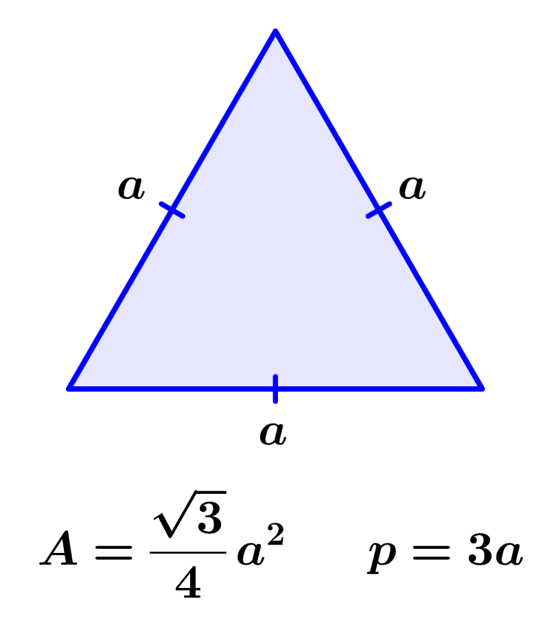 Formulas for the perimeter and area of an equilateral triangle