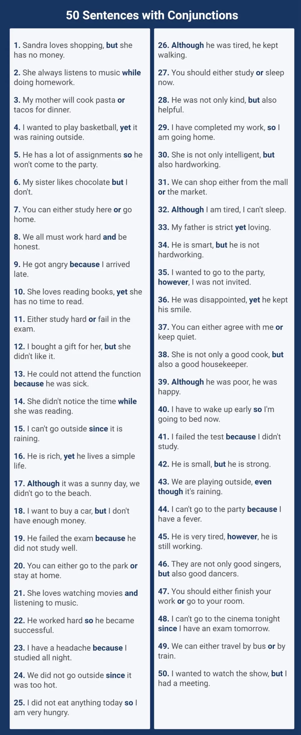 50 Sentences with conjunctions full
